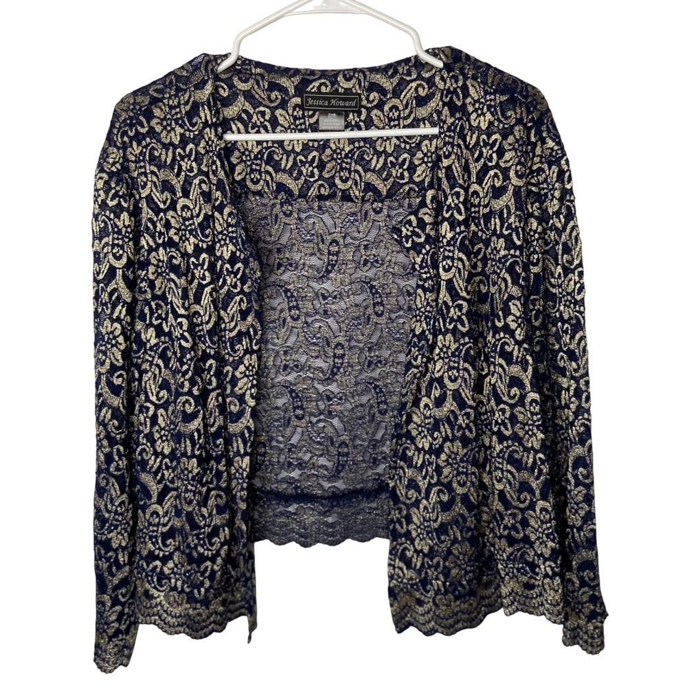 Jessica Howard Woman Navy Gold Metallic Floral Lace Bolero Shrug 22W NWT